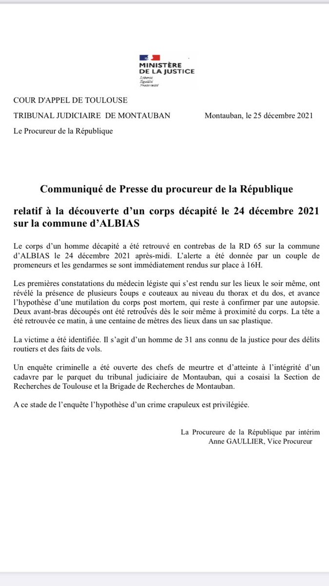 Communiqué de presse du parquet de #Montauban