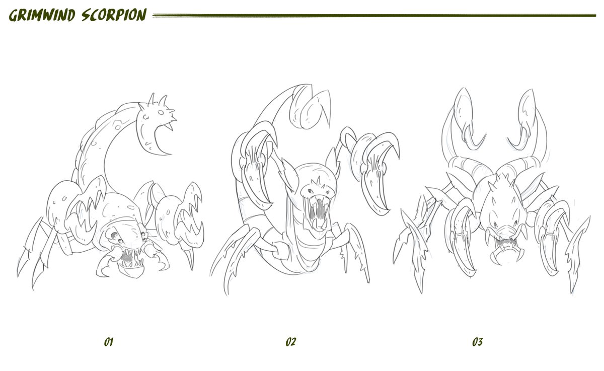 This #screenshotsaturday we got some enemy concepts from our action card battler #Microcardbattler! Check out the Grimwind Scorpion - a well oiled stinging machine that doesn't mind bone crushing pinches either. Follow us for more! #indiedev #gamedev <a href="/YoYoGames/">Moved to @GameMakerEngine</a>