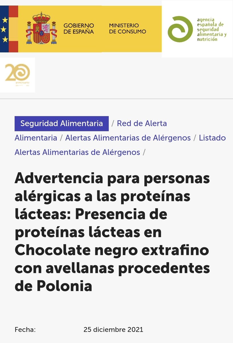 AESAN_gob_es's tweet photo. ⚠️ Advertencia exclusivamente para personas alérgicas a las proteínas lácteas. 

➡️ Presencia de proteínas lácteas no declarada en el etiquetado de Chocolate negro extrafino con avellanas. Marca GRAND FERRERO ROCHER. Ver lotes implicados.

📌
https://t.co/mPNk4530Mn https://t.co/rOBy3p2P5O