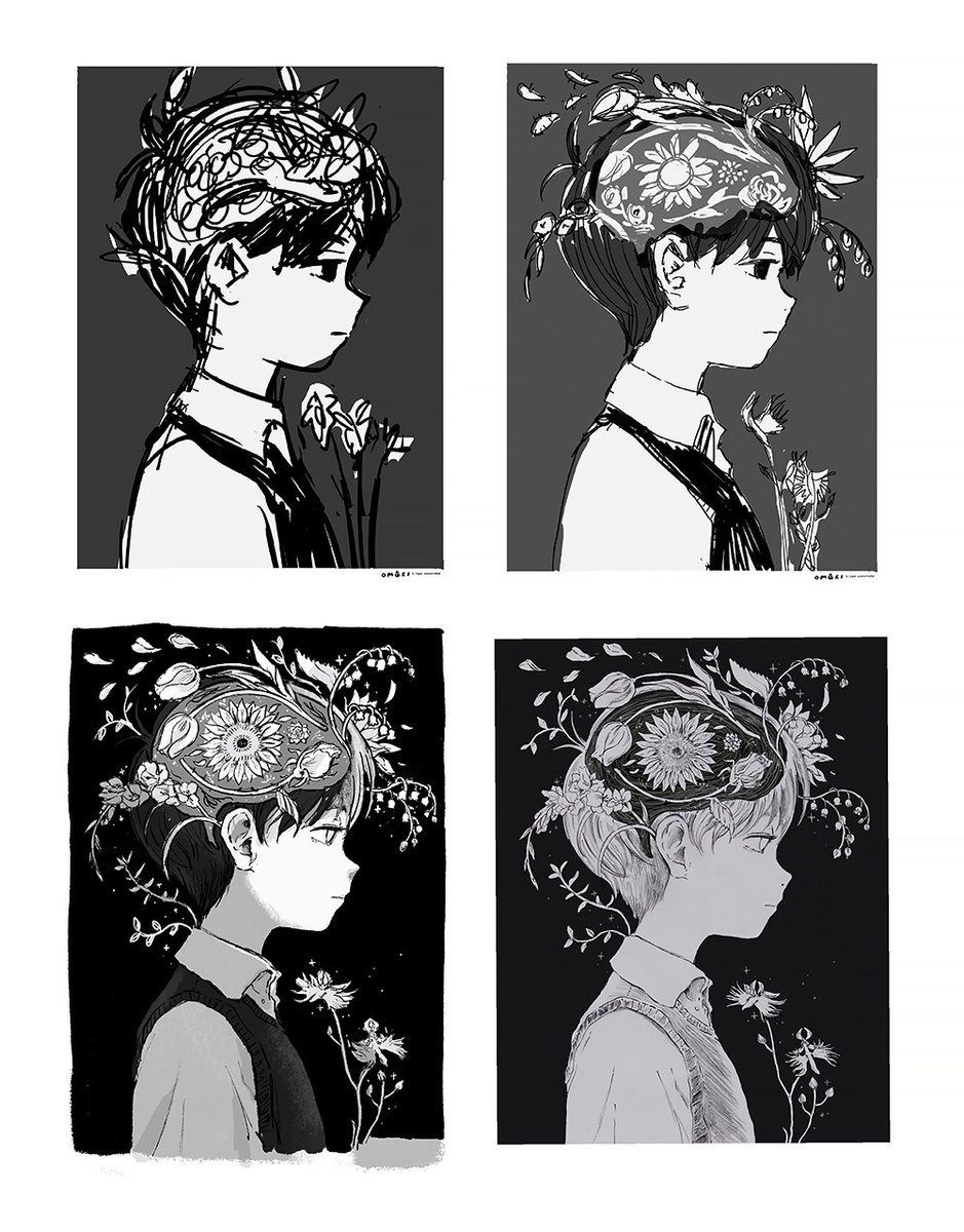 the process for OMORI's anniversary piece. initially, i wanted to make a diptych, but didn't have enough time. 