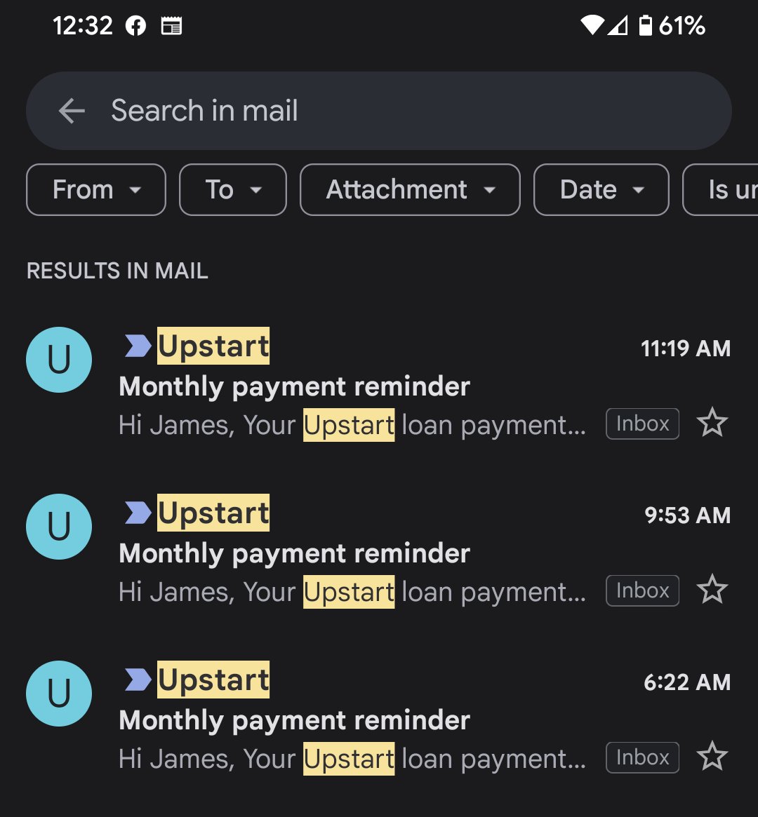 JimWilson's tweet photo. @Upstart could you maybe back off with the duplicate reminders please? I'm VERY aware of my many debts this christmas. https://t.co/cQ98GTB3P2
