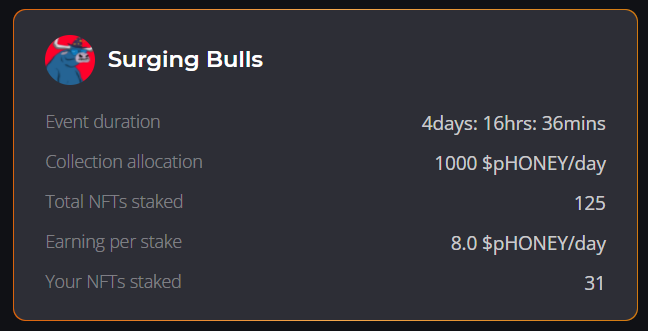 NidoOnChain's tweet photo. 1/ Go stake your @SurgingBulls on @honeydefi 

1. Get bulls from https://t.co/M1ayrqdmqw
2. Go to https://t.co/7zMpUNtQeW
3. Select the Surging Bull collection
4. Hit Stake 

It can't be easier than this to get $pHONEY, created for the sole purpose of rewarding early adopters. https://t.co/GpZodCPted