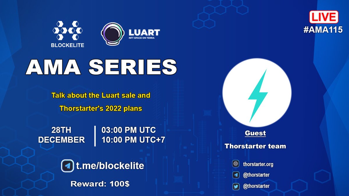 #AMA115 Blockelite x Thorstarter on 28th December at 03:00 PM UTC I 10:00 PM (UTC+7)

Total Reward: 100$

Rules:
1. Detail: t.me/Blockelite/218…
2. Follow <a href="/blockelite/">BlockElite Group</a> &amp; <a href="/thorstarter/">Thorstarter Valhalla</a> 
3. Join: t.me/thorstarter
4. Like, rt, ask max 3 questions each person