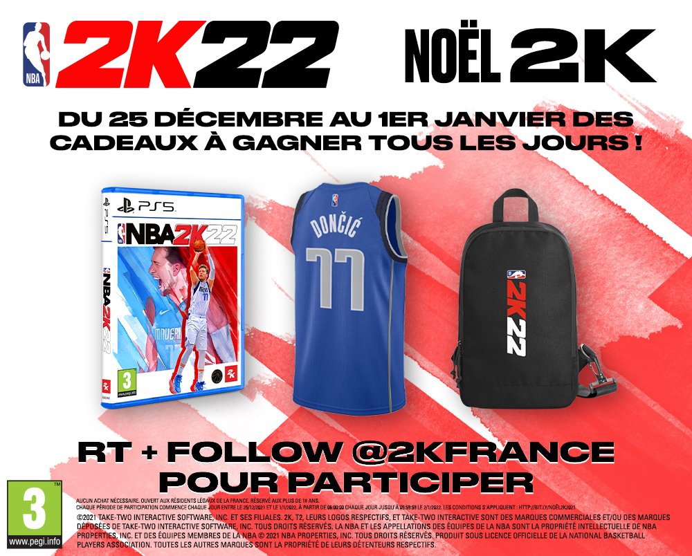 2KFrance's tweet photo. Joyeux concours #Noël2K ! 

🎄 25 décembre 🎄
Suivez @2KFrance + RT ce tweet pour tenter de gagner un pack #NBA2K22 !

🎁 #NBA2K22 sur PlayStation 5
🎁 Un maillot Luka Dončić
🎁 Un sac NBA 2K22
🎁 Des chaussettes NBA 2K22

TAS le 03/01 à 18h.

Règlement : https://t.co/5WwqQc3WhG https://t.co/aAtVJ6xXwr