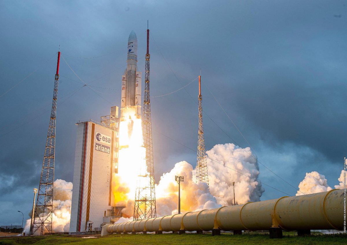 SpaceflightNow's tweet photo. The James Webb Space Telescope, a US-led project that took nearly 30 years and $10 billion to get to the launch pad, left Earth with a Christmas rocket ride from a European spaceport in South America, beginning a search for the first light in the universe. https://t.co/BROAS2zOFj https://t.co/TlTkfupP8T