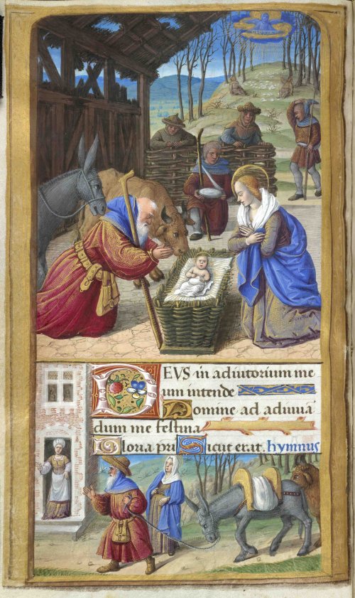 Nativity scene in two parts with shepherds (above) and Mary and Joseph arriving at the inn (below), in The Tilliot Hours, #France (Tours), c. 1500: Yates Thompson
Two animals beside a baby in a manger is the simplest and most easily recognisable symbol of the Nativity
@salam_zx