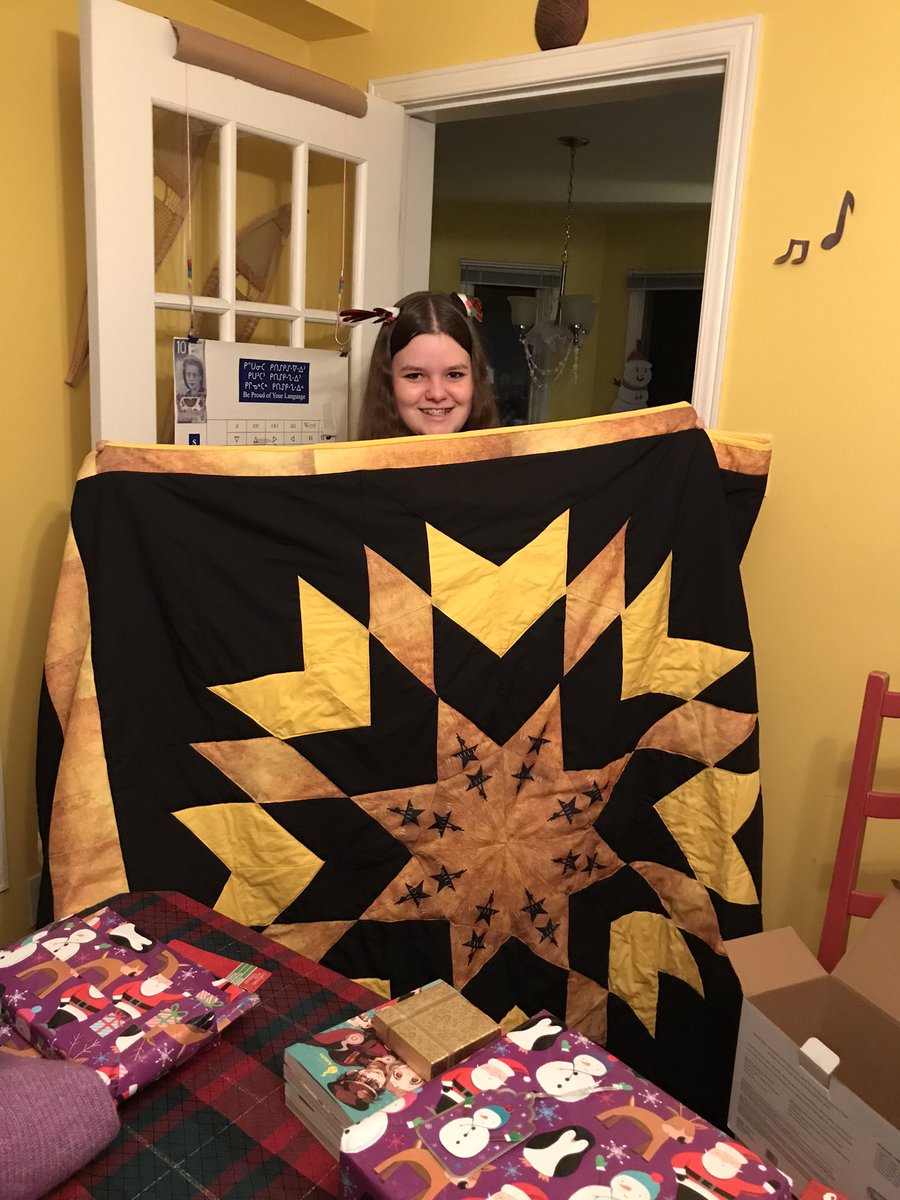 Wrterdoe's tweet photo. #pandemicstory Took my daughter to see #Hamilton @Mirvish in Toronto a week before it had to close. Collected the thank you material on the chairs and made her my first quilt ever! #Indigenouspopculture #Indigenousart @Lin_Manuel  She sings Burn like nobody’s business! https://t.co/WEjwATvo3W