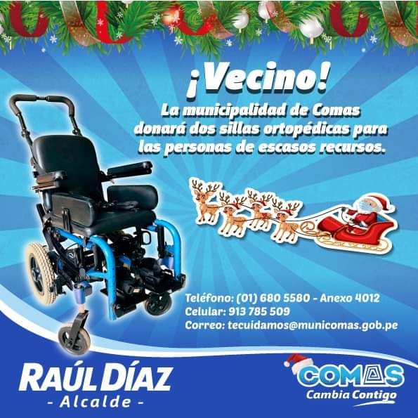 ¡ Atención vecinos! La gestión municipal obsequiará dos sillas ortopédicas para nuestros vecinos de escasos recursos. Cualquier consulta , comuníquese al (01) 6805580 anexo 4012/ 913 785 509 o acercarse a la oficina de Omaped en el Palacio Municipal