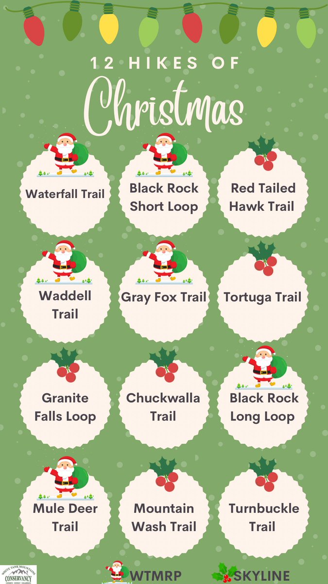 Merry Christmas! We invite you, your friends &amp; family to the #WhiteTankMountains to enjoy the 12 Hikes of Christmas! Hikes are family friendly &amp; listed in ascending order of difficulty. Trail maps: wtmconservancy.org/visit-a-park/. It's the most wonderful time of the year to be outdoors!