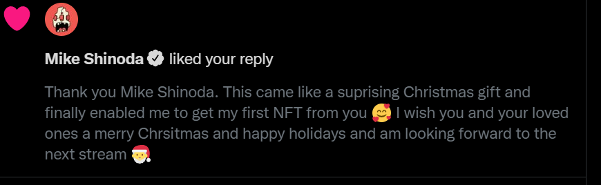 Rashida19941's tweet photo. Can we just stop the time here? After not feeling Christmassy at all cause my grandpa just died from cancer, this is the most beautiful message 😍 really can't believe Mike liked one of my comments for the first time 😭😭😭@mikeshinoda https://t.co/XthuismIfR