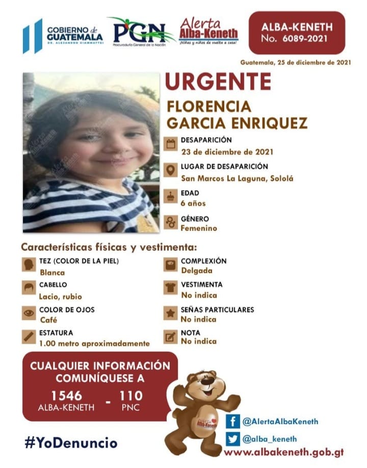 Por medio de la alerta <a href="/alba_keneth/">Alerta Alba-Keneth</a> se reporta la desaparición de esta persona. Si tiene información de su paradero comunicarse al teléfono 1546 📞.
