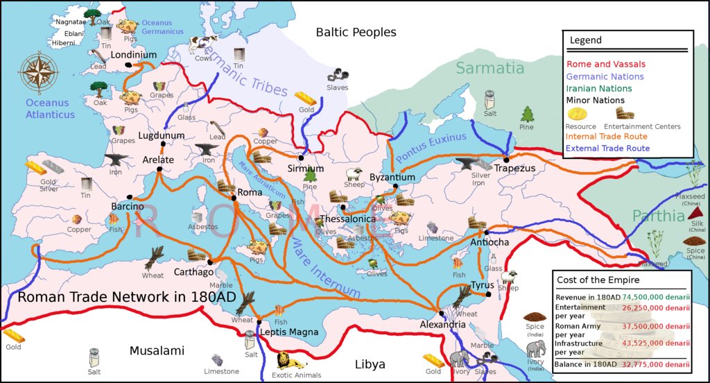 Principal Roman trade routes, internal and external in 180 AD.