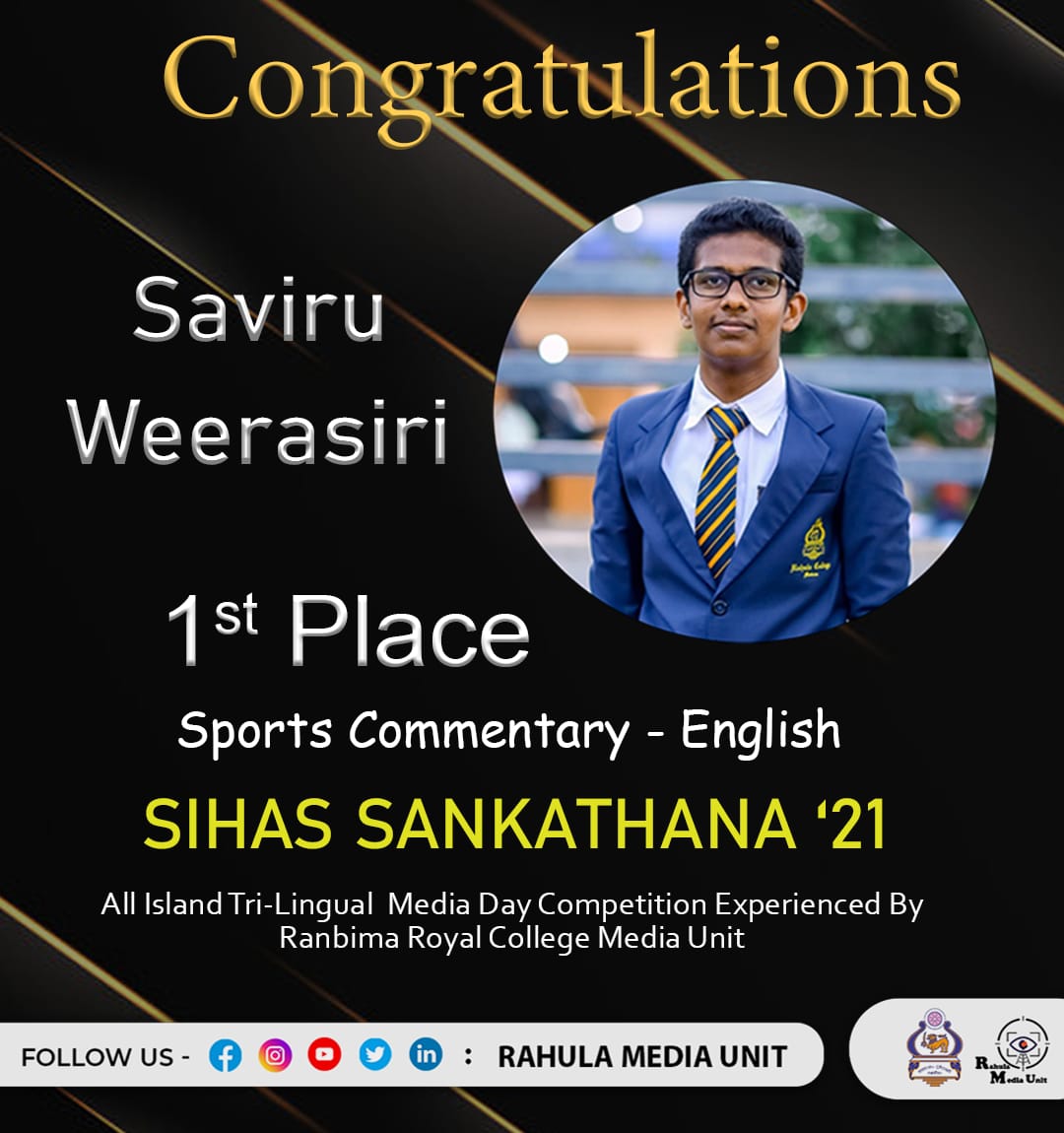 RahulaMedia's tweet photo. Congratulations To 𝐒𝐚𝐯𝐢𝐫𝐮 𝐖𝐞𝐞𝐫𝐚𝐬𝐢𝐫𝐢, Former Main English Announcer At Rahula Media Unit For Getting The 1st Place In 𝐒𝐈𝐇𝐀𝐒 𝐒𝐀𝐍𝐊𝐀𝐓𝐇𝐀𝐍𝐀 All Island Media Day Competition Organized By Ranabima Royal College Kandy Media Unit. https://t.co/mo3BxvOEvb