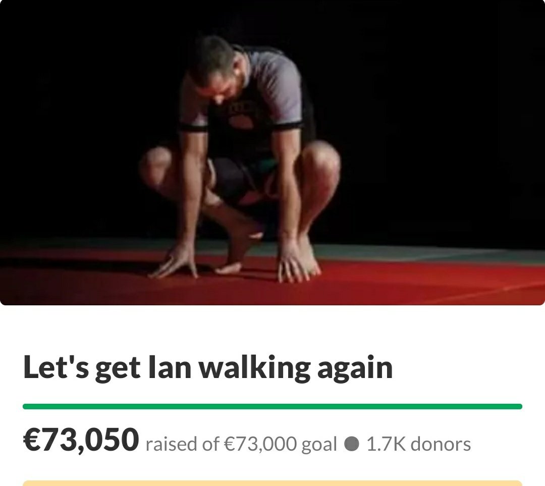 andyste123's tweet photo. On Christmas Day, paralyzed Irish fighter Ian Coughlan reaches his €73k goal to pay for medical treatment in Germany. 

Thank you and well done to everyone who shared and donated👏

Fingers crossed, this time next year he'll be walking again! Once a fighter, always a fighter 👊 https://t.co/uv9qzW2jbQ