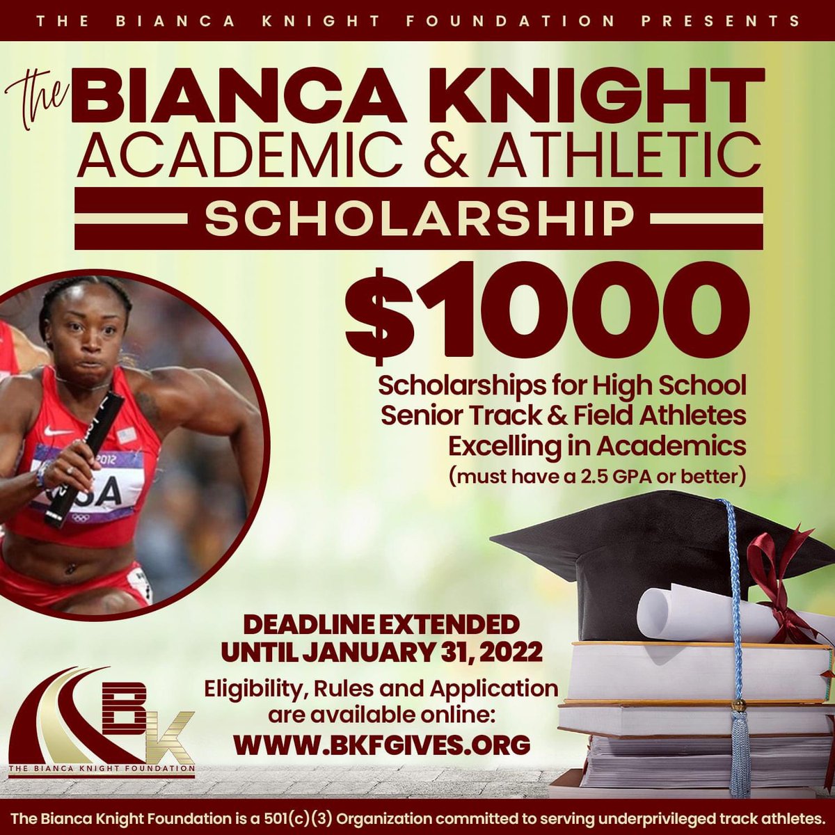 bkfgives's tweet photo. The application deadline for the Bianca Knight Academic & Athletic Scholarship has been extended until Jan. 31, 2022 at 11:59pm. Recipients will be announced on Monday, Feb. 7, 2022. Visit https://t.co/JNaG2kcNhV to apply.
#BKFGives
#BiancaKnightOLY
#BKAcademicAthleticScholarship https://t.co/GEXKUNnpnV