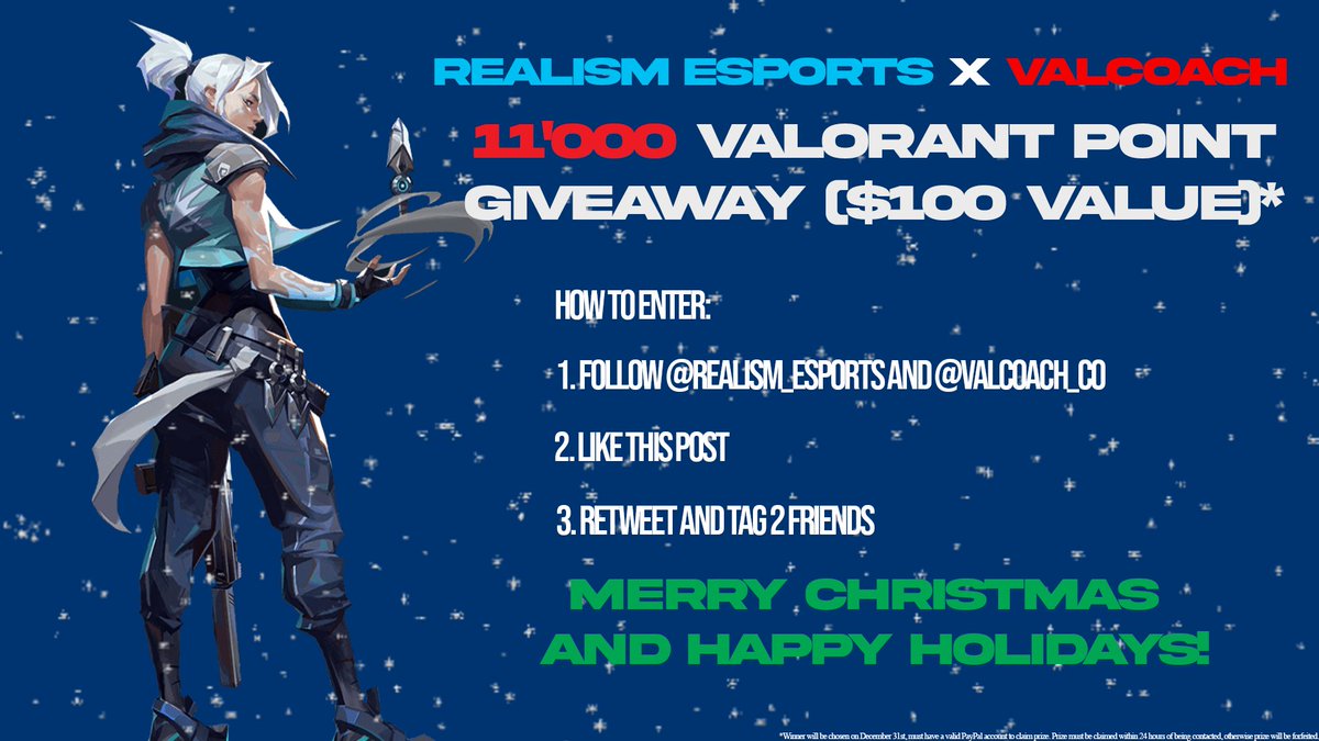 realism_esports's tweet photo. 🎉New Giveaway🎉

@realism_esports and @ValCoach_co are giving away 11’000 VALORANT points 

How to enter:

✔️  Follow @realism_esports and @ValCoach_co 
💙   Like This Post
🔄   Retweet and Tag 2 Friends!

📆Winner will be announced December 31st, 2021! https://t.co/xtVblM0HAv