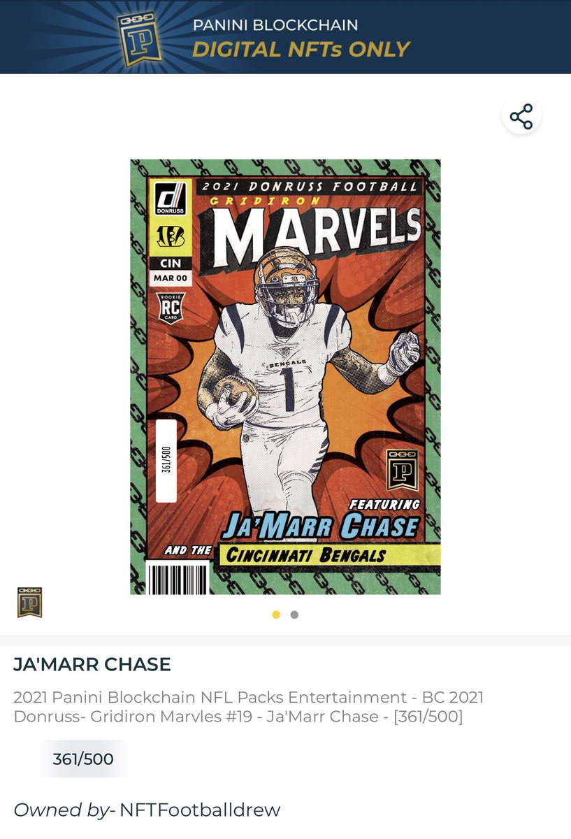 NFTdrew75's tweet photo. Trying to get my hands on every @PaniniAmerica MARVELS rookie card. Also have @ohthatsNajee22 … looking to grab Waddle next!! #NFTs #NFL https://t.co/s3DpGfDKQG