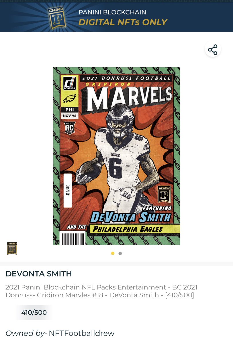 NFTdrew75's tweet photo. Trying to get my hands on every @PaniniAmerica MARVELS rookie card. Also have @ohthatsNajee22 … looking to grab Waddle next!! #NFTs #NFL https://t.co/s3DpGfDKQG