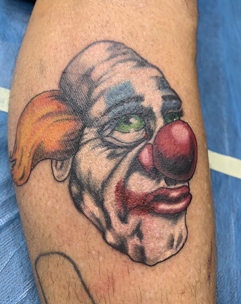CLeeM420's tweet photo. Haven’t posted in a while but said let’s see what happens after the recent popularity of another piece of mine that was posted. On that note, I give you an original piece of art that I was lucky enough to get to tattoo. #clowns #clown https://t.co/l7sN3H0xs7