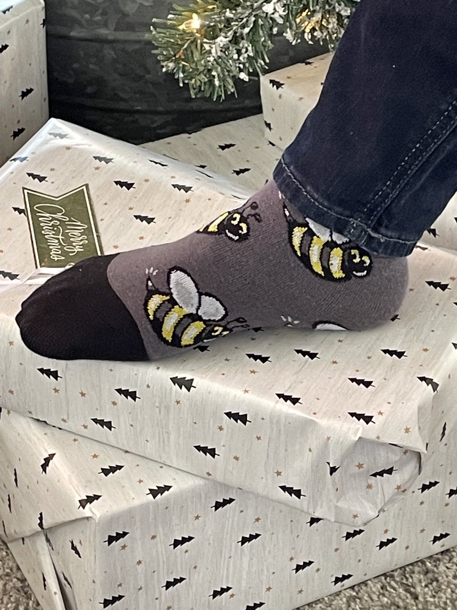 Hollyhock2's tweet photo. My bumblebee socks compliments of Bockman’s Auto Care. https://t.co/6Aneud9Nlr