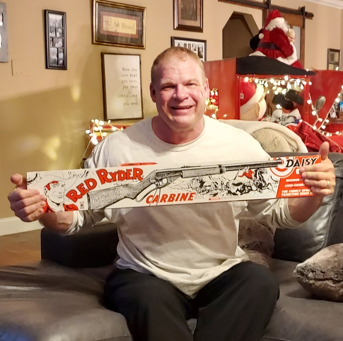Finally! Finally! The holy grail of Christmas gifts! My very own carbine-action 200 shot oiled blue-steel beauty Red Ryder range model air rifle...I hope I don't shoot my eye out!