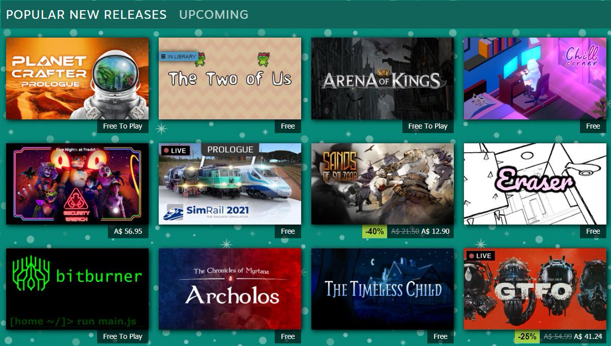 GrouseyGames's tweet photo. To go along with this, "The Two of Us" has been featured in the Popular New Releases section on the Steam Homepage all week (pictured below). I'm looking forward to adding some more content for the many players that have become fans of the game. (2/3) https://t.co/aRp92gbU3I