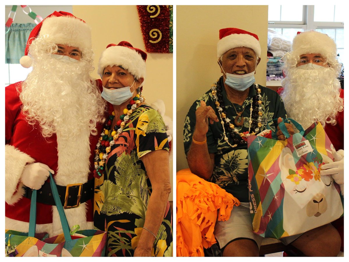 Lunalilo_Home's tweet photo. Our residents got a surprise visit from Santa today with goody bags full of donated items and gifts from their families. Santa made sure to stop in and see those who needed his special gifts of comfort and joy.  Mahalo too to the Alz’s Assoc. for a pizza party for kūpuna &amp; staff. https://t.co/0sSXJyik5H