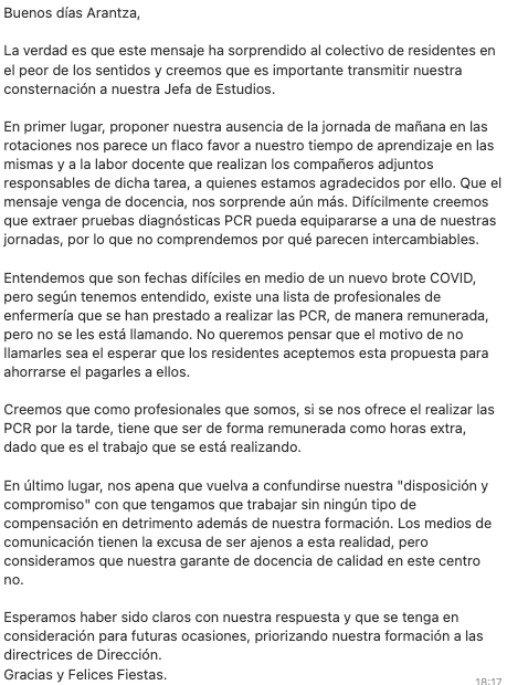 ReddeResidentes's tweet photo. La respuesta del colectivo de residentes a la jefa de estudios de Basurto no tardó. El correo fue contestado por ellas ayer.👌👌👌 https://t.co/hel3My9ET7