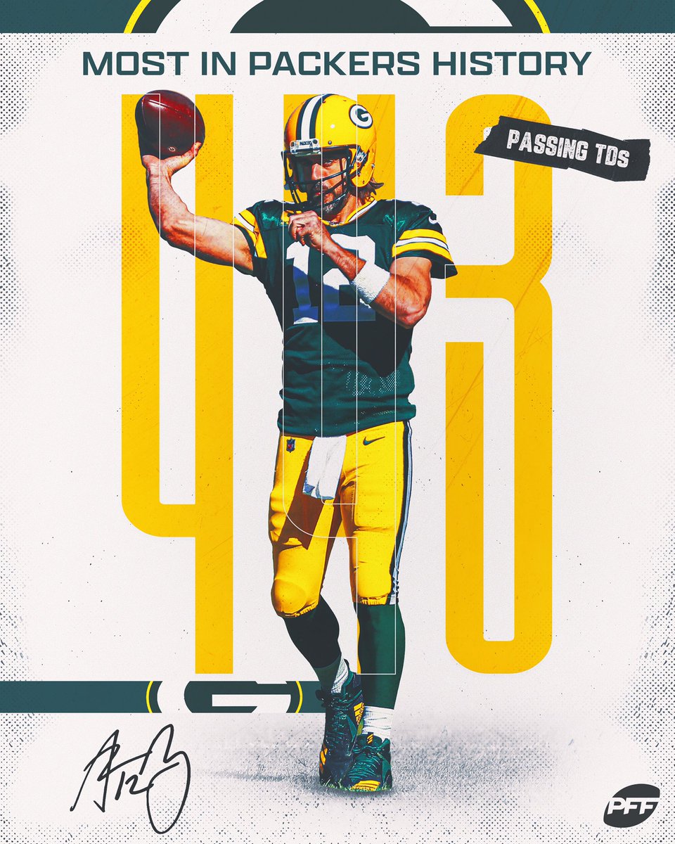 PFF's tweet photo. Aaron Rodgers: Most TD passes in Packers history 🧀 https://t.co/Cku5JBU0q6