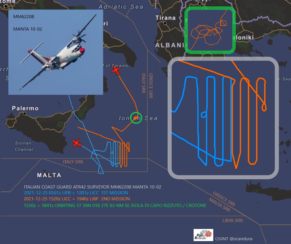 scandura's tweet photo. Today in area 🔢
2021-12-25
1844z⏱️ 19:44 CET

🔴Two missions

🛩️ Italian Coast Guard ⚓️🇮🇹 ATR 42 #MM62208 'Manta' is returning to Pescara after a second mission over Ionian Sea: Alarm Phone 🆘 alert, 25 ppl in distress w/a fiberglass boat departed from Benghazi.

#Libya #Libia https://t.co/PUtOa6IOXX
