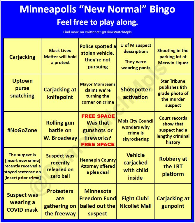 CrimeWatchMpls's tweet photo. .
People have asked for a thread with all the BINGO cards in one place, so here you go.
BINGO THREAD
. https://t.co/nIBW5WX3ie