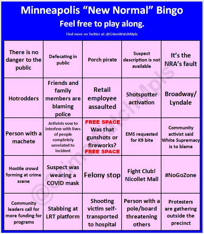 CrimeWatchMpls's tweet photo. .
People have asked for a thread with all the BINGO cards in one place, so here you go.
BINGO THREAD
. https://t.co/nIBW5WX3ie