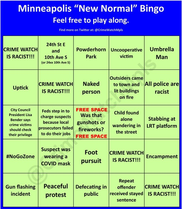 CrimeWatchMpls's tweet photo. .
People have asked for a thread with all the BINGO cards in one place, so here you go.
BINGO THREAD
. https://t.co/nIBW5WX3ie