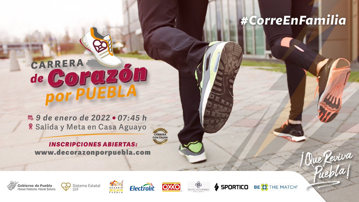#CorreEnFamilia por una buena causa, súmate a la "Carrera de Corazón por Puebla” del #SEDIF, en beneficio de las personas en situación de vulnerabilidad.

🗓️9 de enero 2022
🕗07:45 h
📝Regístrate en 🖥️ decorazonporpuebla.com

#EnPueblaApoyamosDe❤️