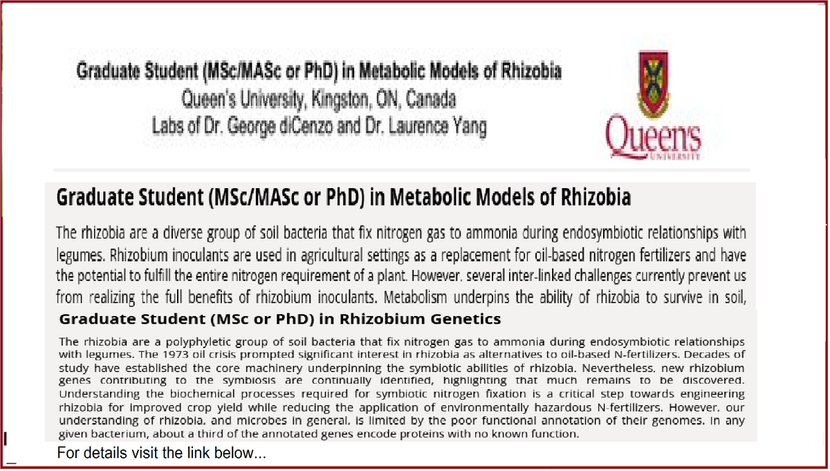 agristok's tweet photo. 📌 Graduate Student recruitment (MSc/MASc or PhD) in Rhizobium Genetics, Metabolic Models of Rhizobia🌱🦠🧬 at Queen’s University, Canada🇨🇦 ... Please retweet and spread the word! For details visit the link below👉👉 https://t.co/iocMYMLzZQ https://t.co/2yXdQjKxu1