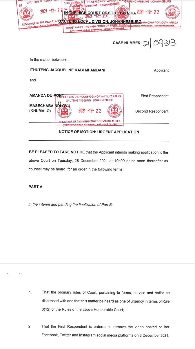 Eusebius's tweet photo. I need to read this closely tomorrow but the first scan is intriguing. 

Jub Jub's mother, Mama Jackie, filed an urgent application interdicting Amanda du Pont and Masechaba Ndlovu, basically wanting them to remove social media posts about her &amp; seeking written retractions... 1/3 https://t.co/QMwe2GLZrP