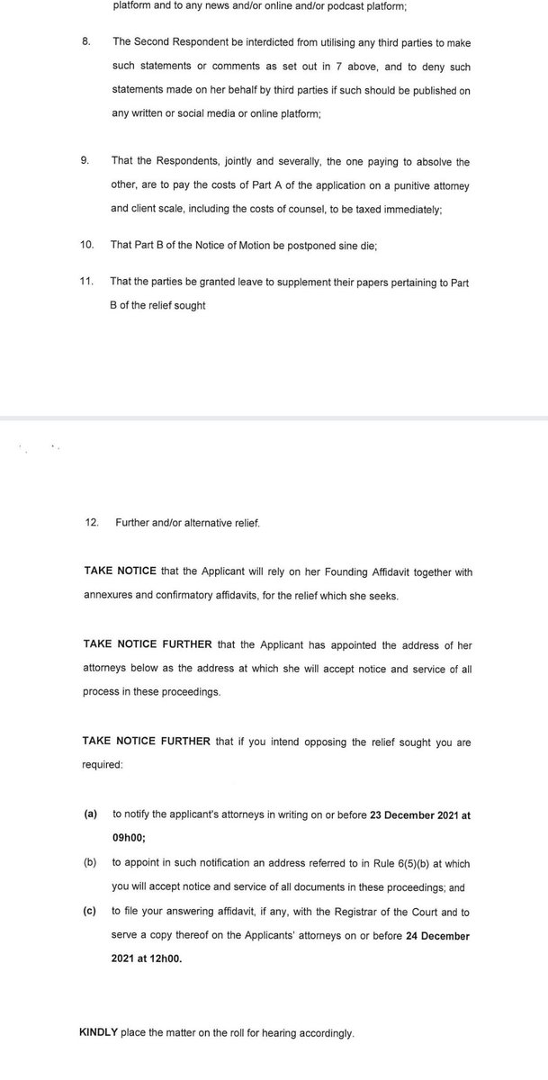 Eusebius's tweet photo. I need to read this closely tomorrow but the first scan is intriguing. 

Jub Jub's mother, Mama Jackie, filed an urgent application interdicting Amanda du Pont and Masechaba Ndlovu, basically wanting them to remove social media posts about her &amp; seeking written retractions... 1/3 https://t.co/QMwe2GLZrP