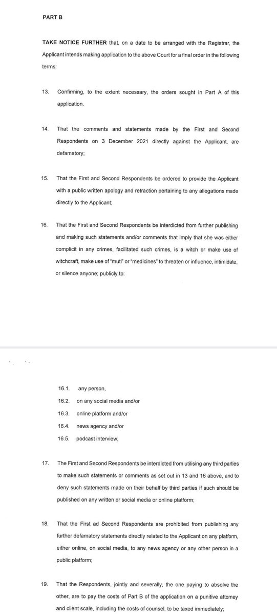 Eusebius's tweet photo. I need to read this closely tomorrow but the first scan is intriguing. 

Jub Jub's mother, Mama Jackie, filed an urgent application interdicting Amanda du Pont and Masechaba Ndlovu, basically wanting them to remove social media posts about her &amp; seeking written retractions... 1/3 https://t.co/QMwe2GLZrP