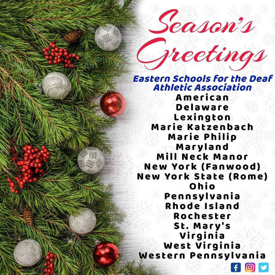 ESDAA1927's tweet photo. The ESDAA wishes happy holidays to our member schools, administrators, coaches, student-athletes, alumni, and fans!

#ESDAA #DeafSports #DeafCommunity #Deaf #StudentAthletes #Athletics https://t.co/PeEB3ZtwDS