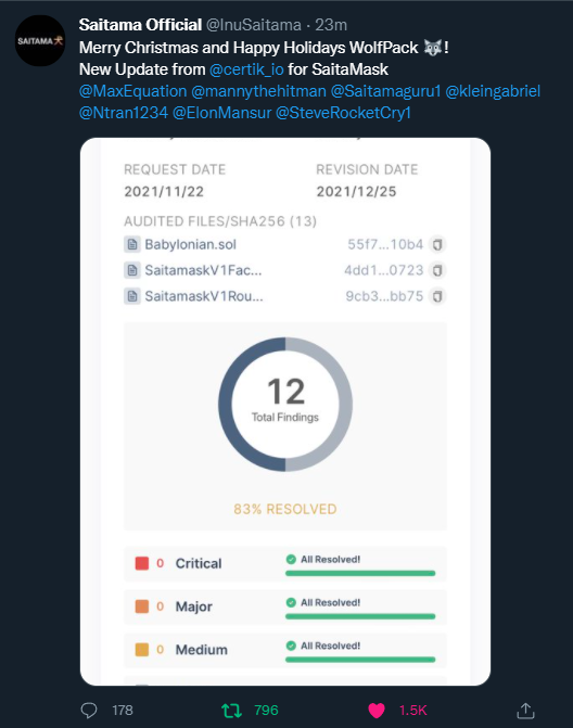 Kanube77's tweet photo. Saitama / Saitamask Certik Audit Complete! #SaitaMask #saitama #SaitamaWolfPack #SaitamaInu #SaitamaInuWolfPack #SaitamaMask 
#SaitamaToken #SAITAMACOMMUNITY #Saitama300K #crypto #cryptocurrencies  #cryptocurrecy #cryptocurrency #CryptoNews https://t.co/WJRtKf5Tx2