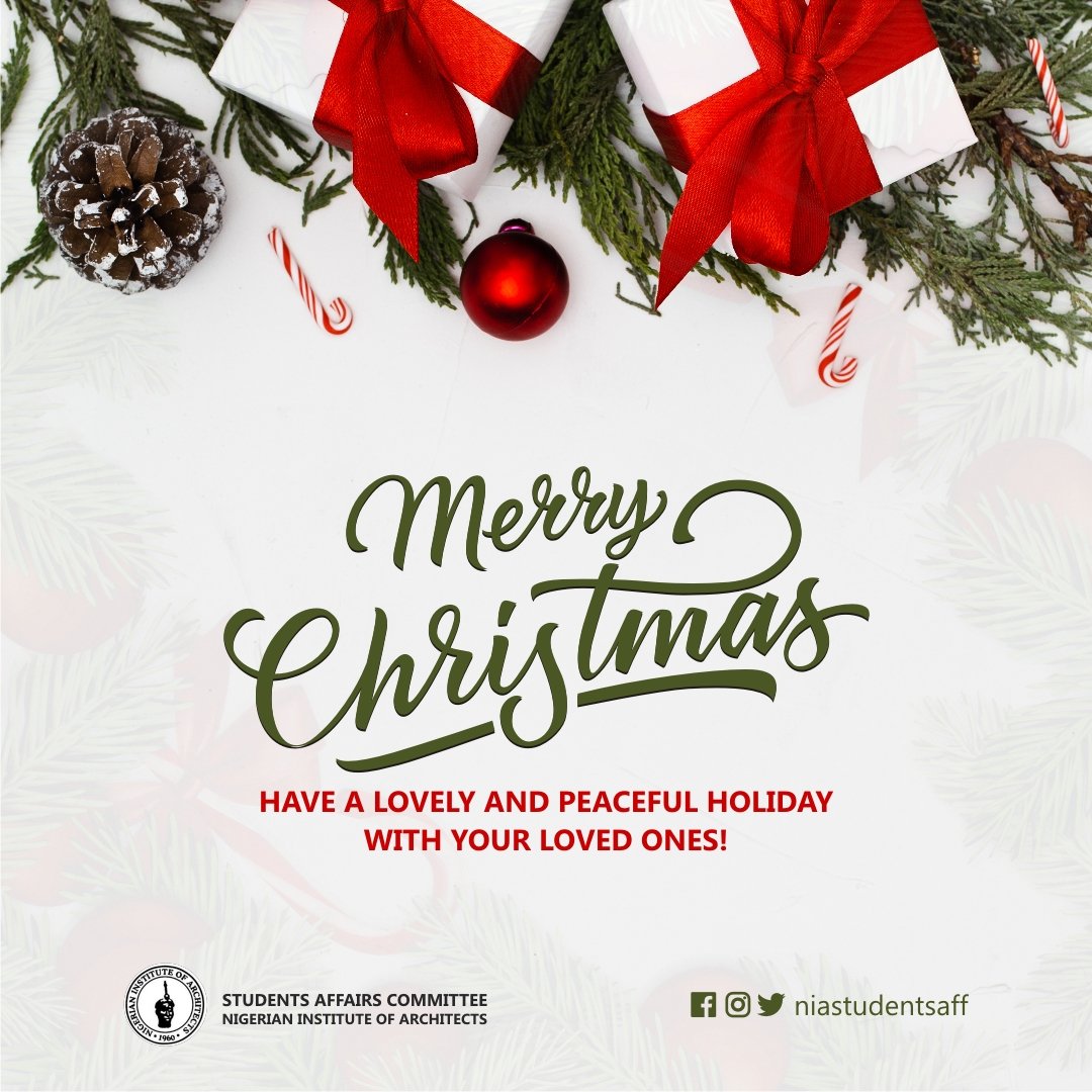 NIAStudentsaff's tweet photo. Merry Christmas and Happy Holidays!

Have a lovely and peaceful holiday with your loved ones!
🎄❤️

#Architecture #Students #Nigeria
#NigerianArchitects
#ArchitectureStudents
#Architects #niastudentsaff
#Christmas #Christmas2021
#MerryChristmas https://t.co/MNkEVygcmX