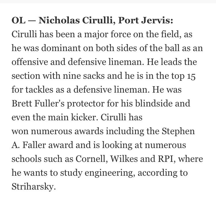 Nicholas Cirulli (@nicholascirulli) on Twitter photo Big thanks to the Times Herald Record and @MKramerTHR for naming me First Team All Section for O-Line! <a href="/portfball/">Port Jervis Football</a> <a href="/KOT845_/">KOT845</a> <a href="/prospectnys/">Prospect NYS</a> Big thanks to the Times Herald Record and @MKramerTHR for naming me First Team All Section for O-Line! <a href="/portfball/">Port Jervis Football</a> <a href="/KOT845_/">KOT845</a> <a href="/prospectnys/">Prospect NYS</a>