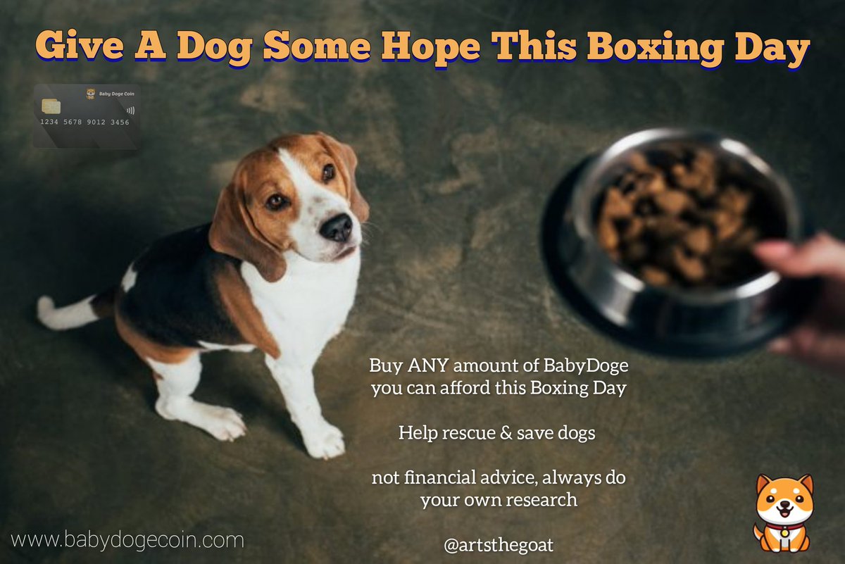 XenMatic's tweet photo. Give A Dog Some Hope This Boxing Day (December 26th 2021) With Another @babydoge Community Buy For Everyone Who Missed Our Previous 2 Now Is Your Chance 🚀 NFA

BDC ARMY LETS GO!!!

#BabyDogeCoin #BabyDoge
#BoxingDay #BabyDogeArmyBR 
#ToTheMoon #Binance #BSC 
#cryptocurrency https://t.co/OnesMKsjvr