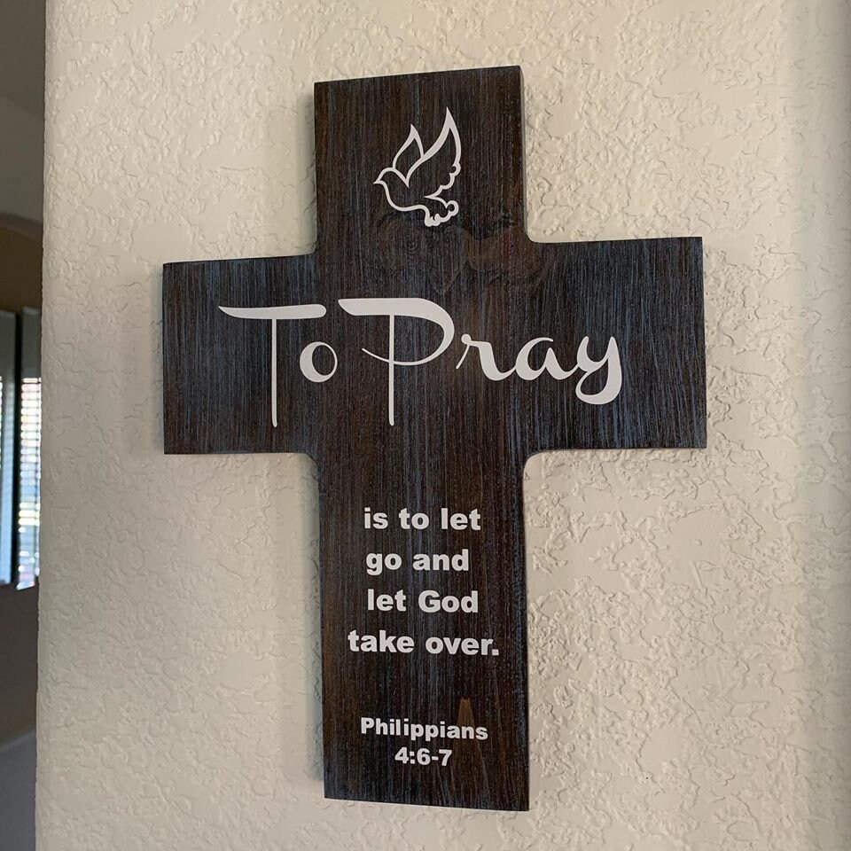 my #etsy shop: Philippians 4:6-7, To Pray is to let go and let God take over. Wood Wall Cross, Easter gifts, Housewarming gift, Wedding gifts etsy.me/3FsgERy #gray #white #gift #personalizedcross #inspirationalgifts #philippiansverse #woodwallcross #sale