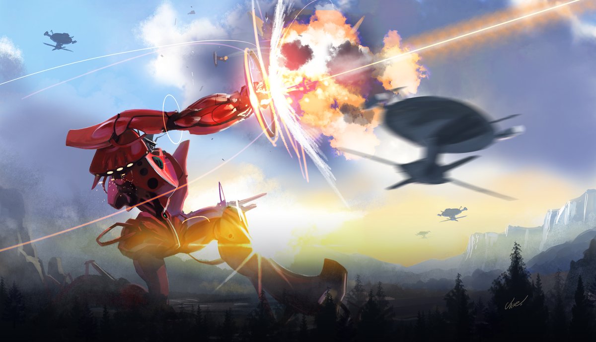 robot explosion mecha no humans aircraft flying battle  illustration images