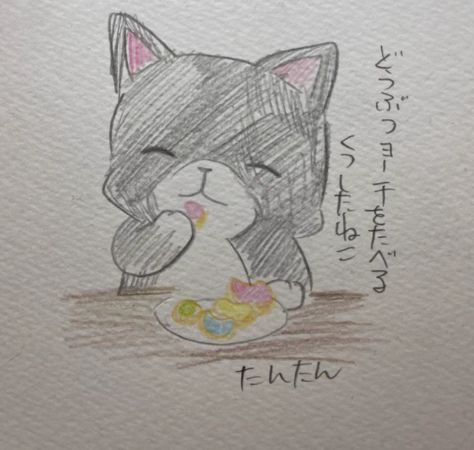 どうぶつヨーチを食べるくつしたねこ

#イラスト #猫 