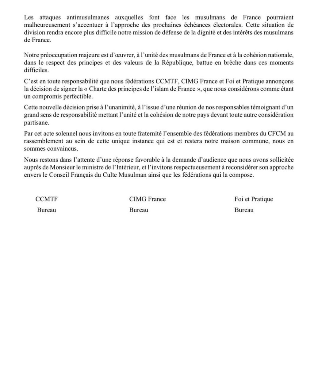 Milli Görüş ve Fransa Müslüman Türk Dernekleri Koordinasyon Komitesi ve Tebliğ cemaati (CCMTF) fransız hükümetinin müslüman toplumuna dayattığı “İslam şartnamesini” imzalama kararı aldı.