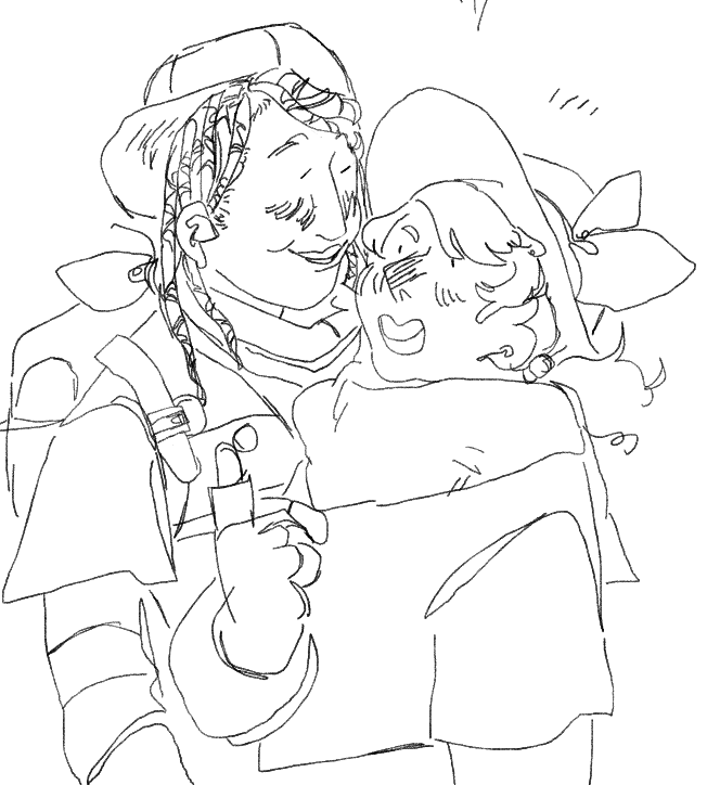 its so weird trying to return to my reflexes as a mother artist i almost forgot to draw nintens backpack (with buckles) and i cant tremember which way i draw the stripes on his necktie. anas hat is too small. nintens hearing aid. like an old memory