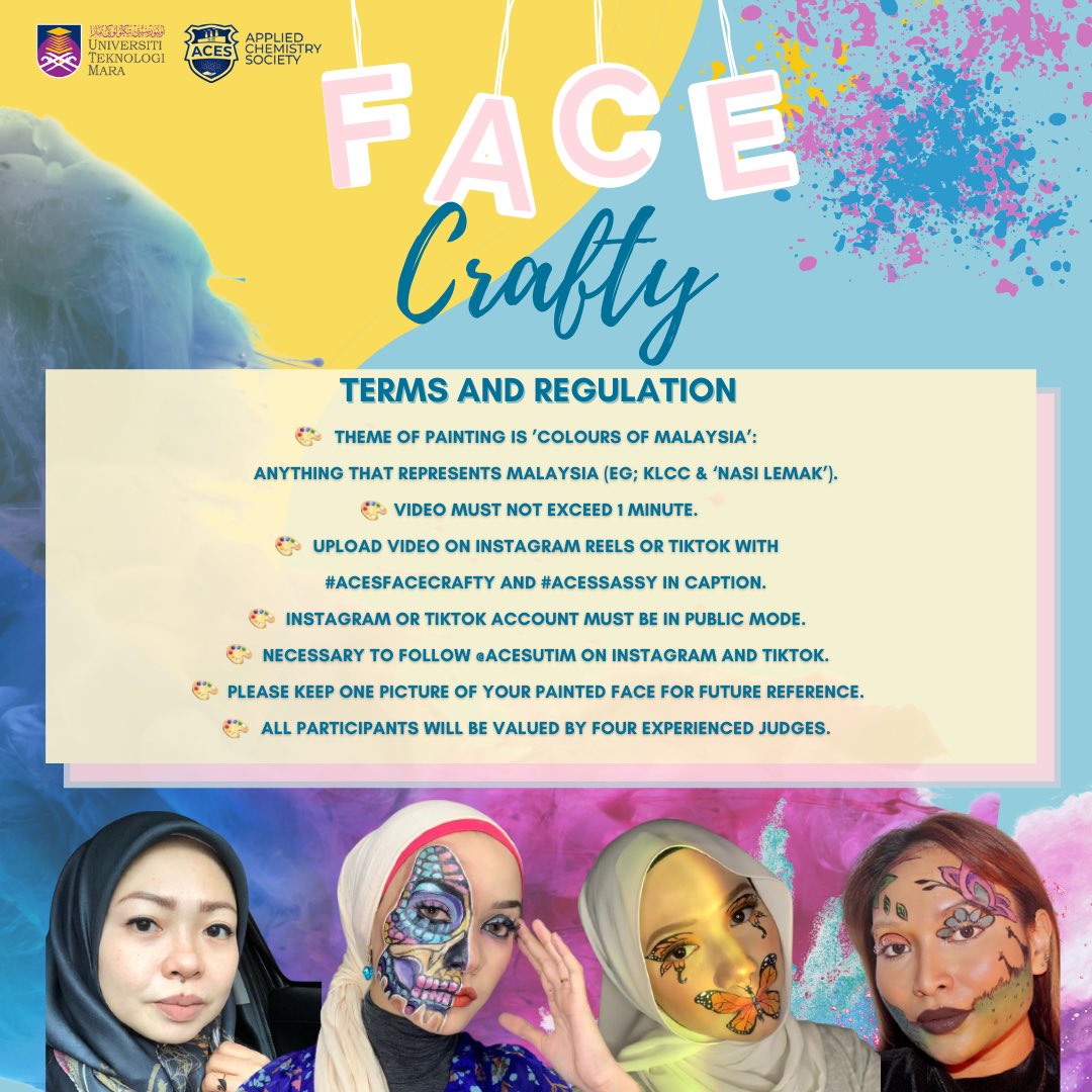 acesuitm's tweet photo. ACES FACE CRAFTY
📍Registration Date: 26/12/2021 - 2/1/2022
📍Platform: IG Reels &amp; TikTok
📍Theme: Colours of Malaysia

The Prizes!! 
🏅1st place: RM 100 /🥈2nd place: RM 75 /🥉3rd place: RM 50

REGISTER NOW! ⬇ 
https://t.co/JcQovgJMR7 https://t.co/WfcdLqMIku
