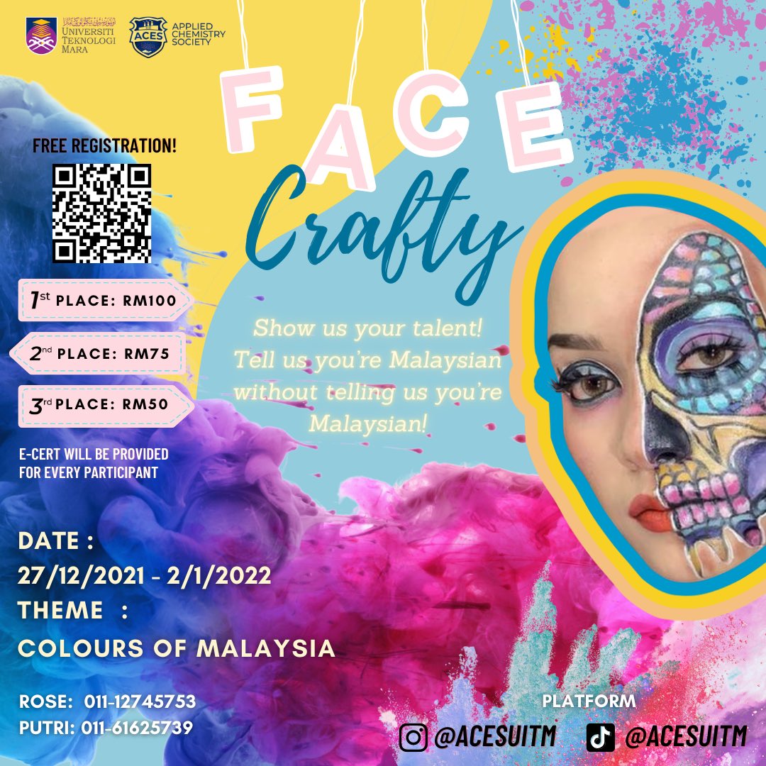 acesuitm's tweet photo. ACES FACE CRAFTY
📍Registration Date: 26/12/2021 - 2/1/2022
📍Platform: IG Reels &amp; TikTok
📍Theme: Colours of Malaysia

The Prizes!! 
🏅1st place: RM 100 /🥈2nd place: RM 75 /🥉3rd place: RM 50

REGISTER NOW! ⬇ 
https://t.co/JcQovgJMR7 https://t.co/WfcdLqMIku